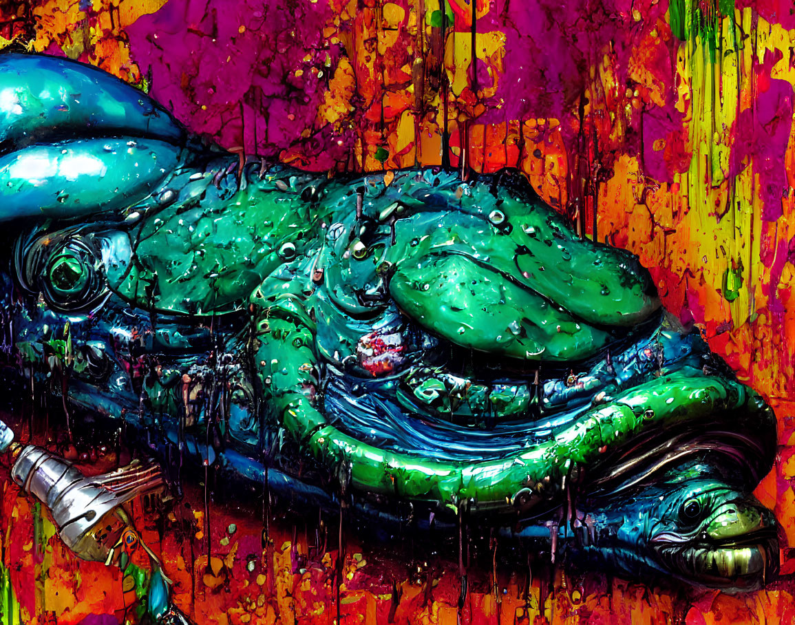 Vibrant painted crocodile artwork with colorful drips on urban background