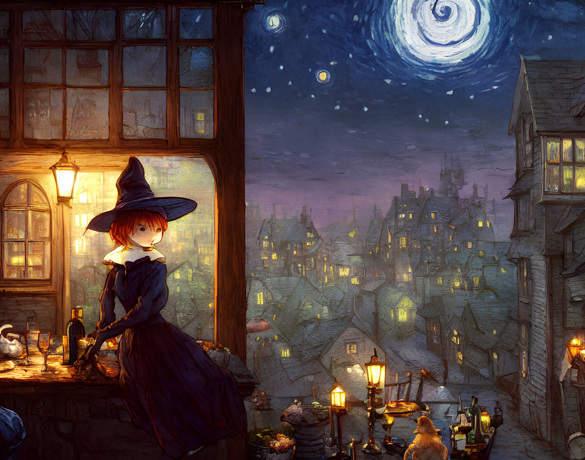 Young witch in purple dress gazes at town from window at dusk