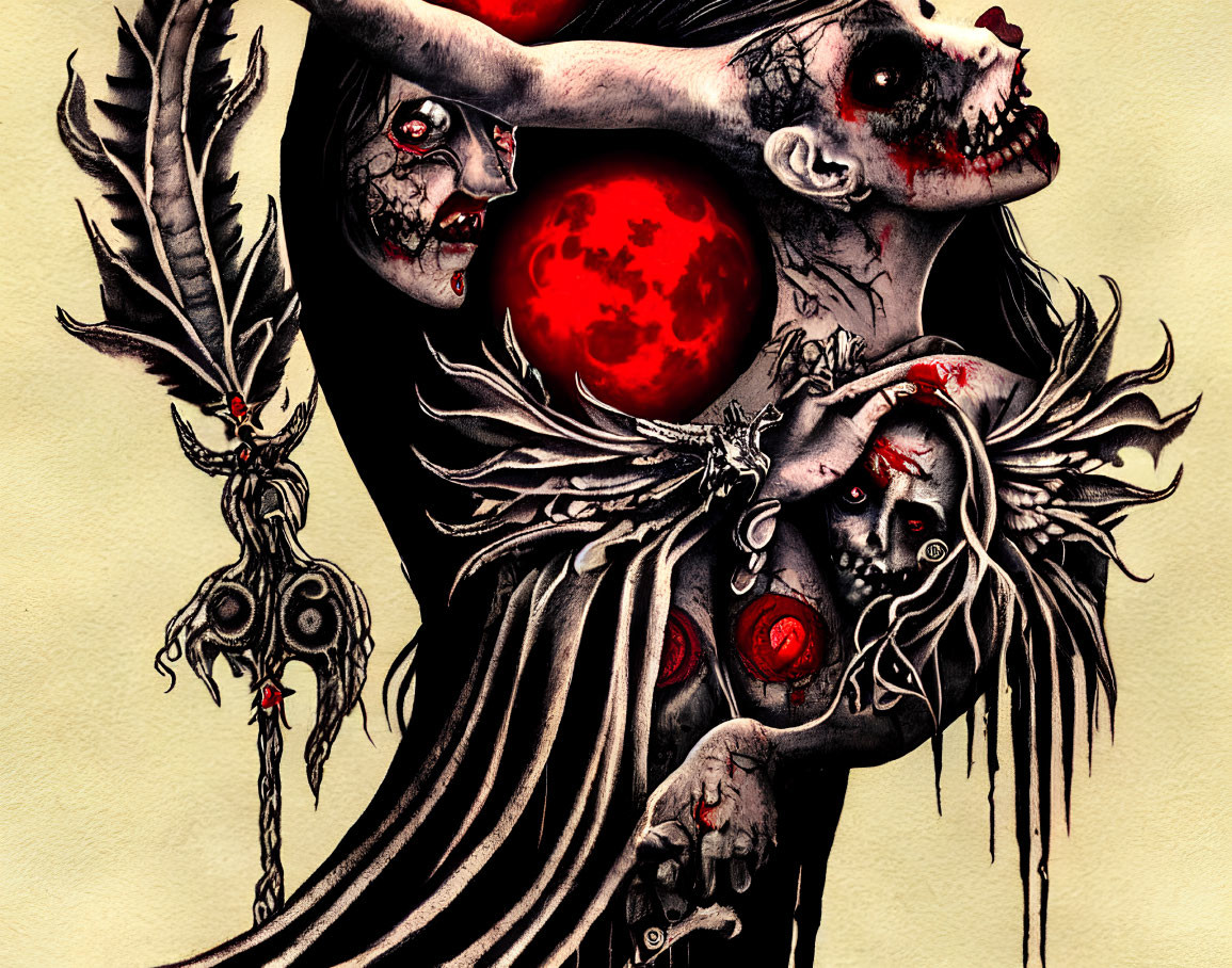 Dark fantasy artwork: skeletal creature with red eyes, ragged wings, and red orbs under blood-red