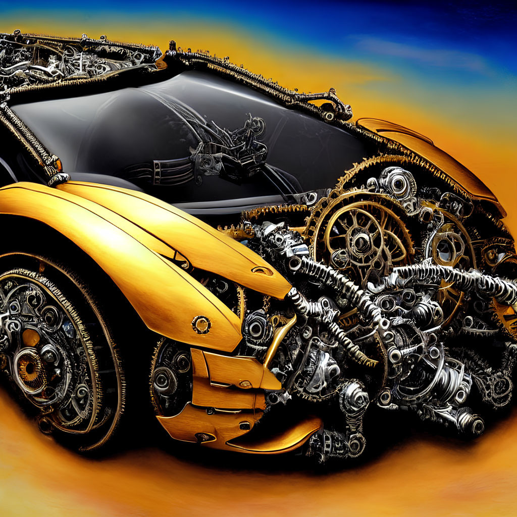 Futuristic digital artwork of gold and black mechanical car