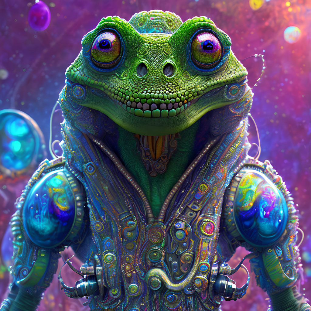 Detailed Mechanical Frog with Shining Eyes and Colorful Orbs
