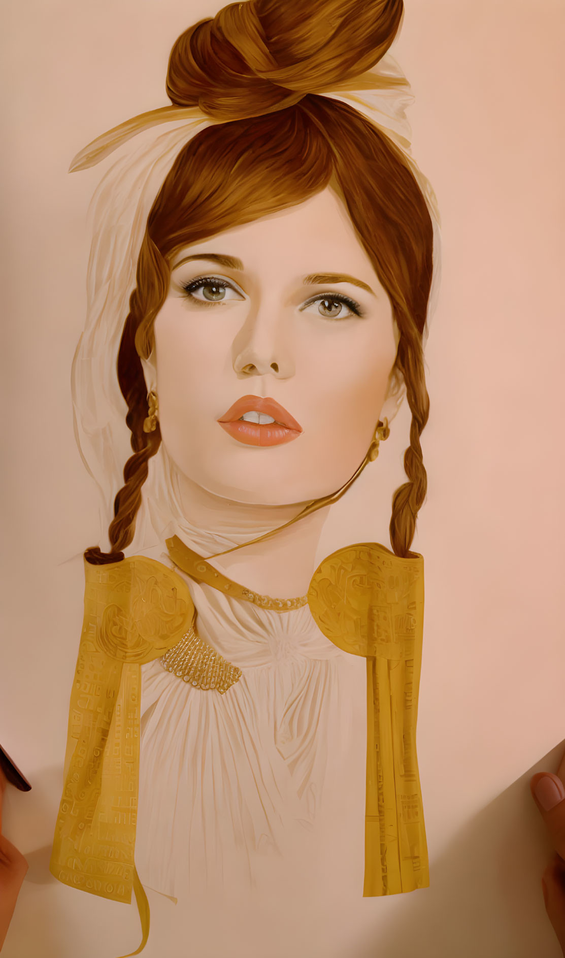 Illustrated portrait of woman with bun, braids, vintage attire, and scarf on peach backdrop