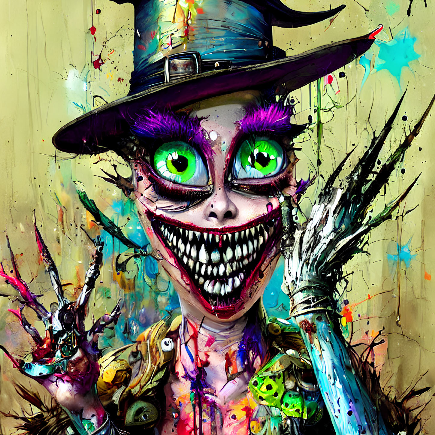 Colorful digital artwork featuring a grinning character with purple eyes, sharp teeth, top hat, and