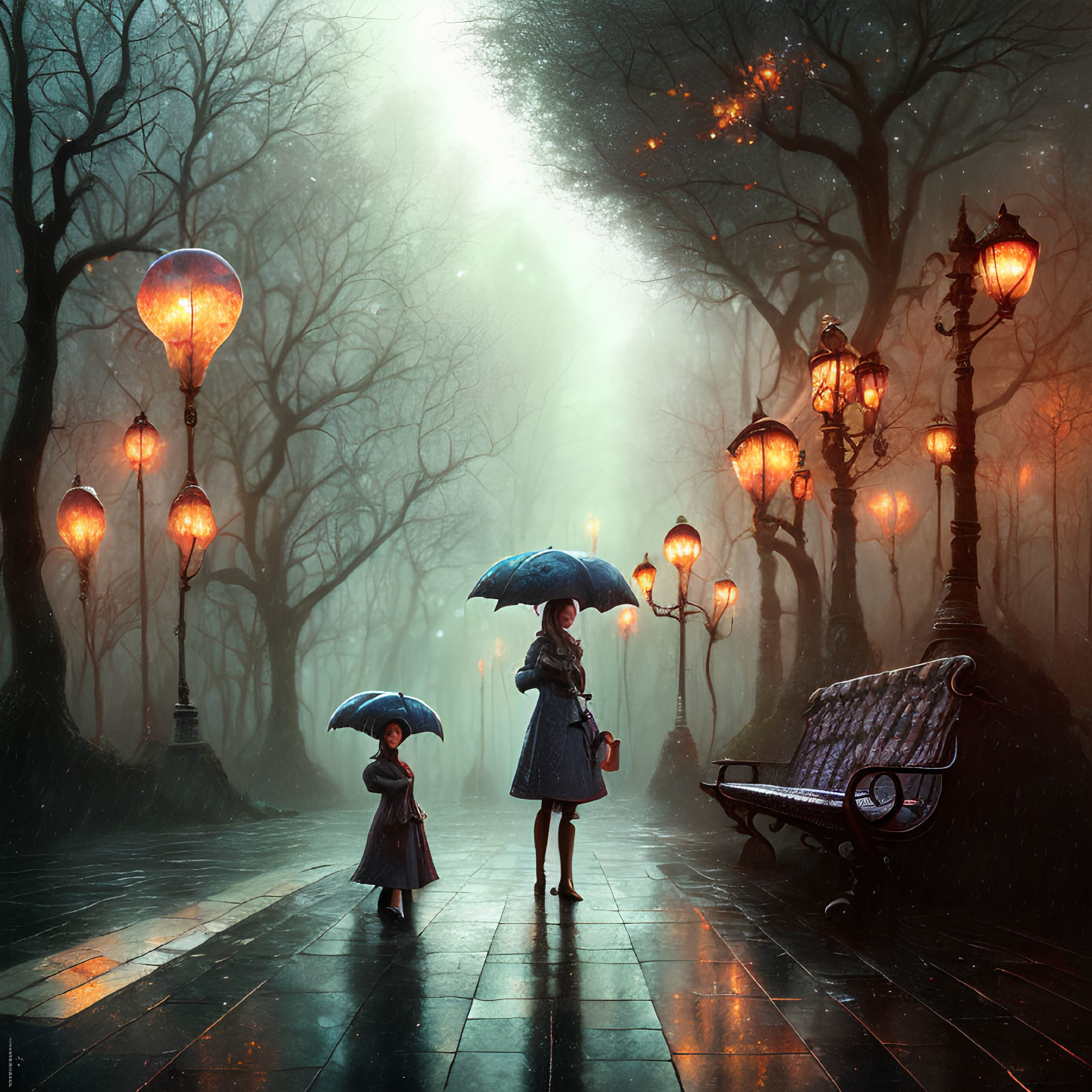 Two people with umbrellas on reflective path with lanterns and trees under green light