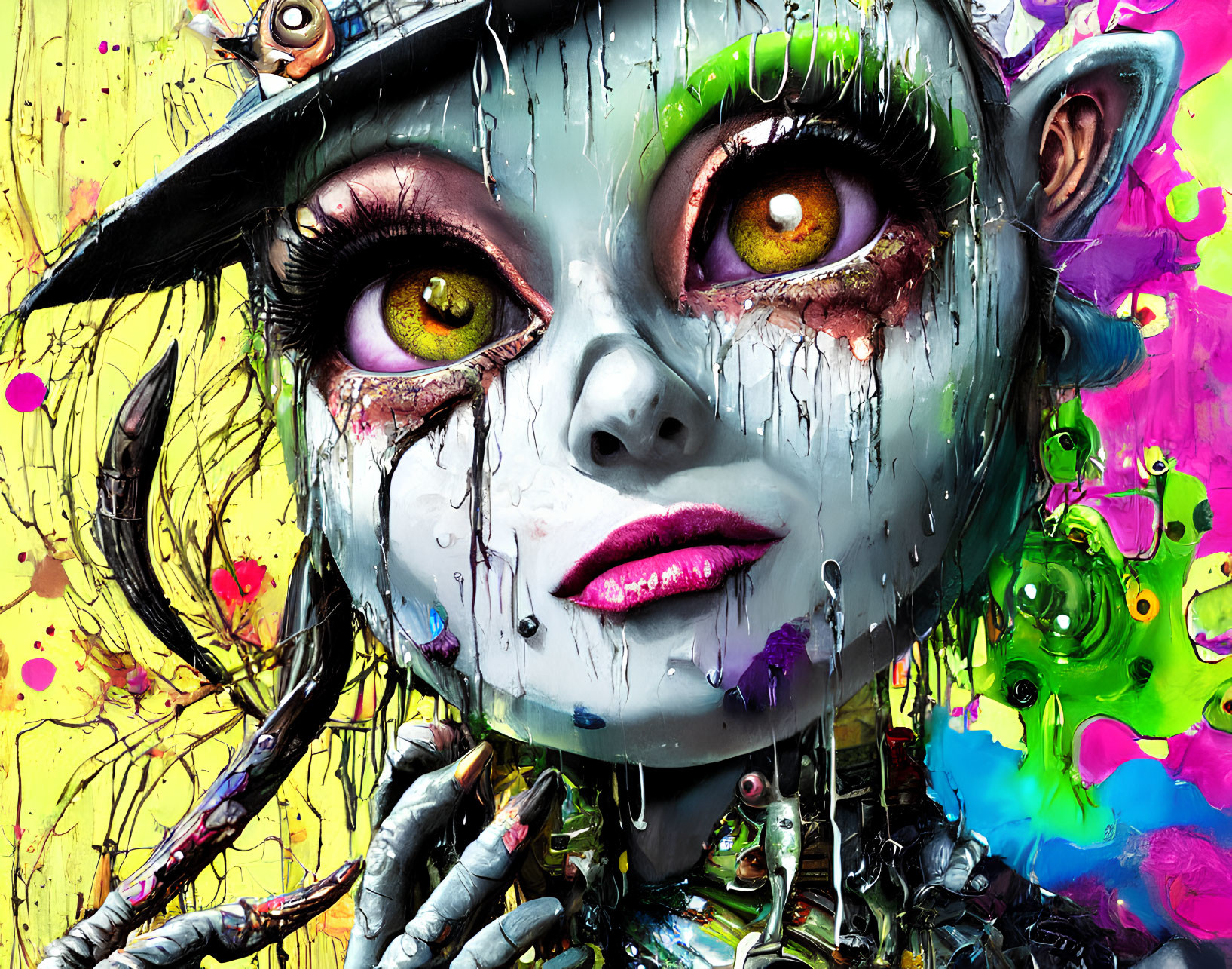 Colorful humanoid robot with cat-like features in vibrant artwork