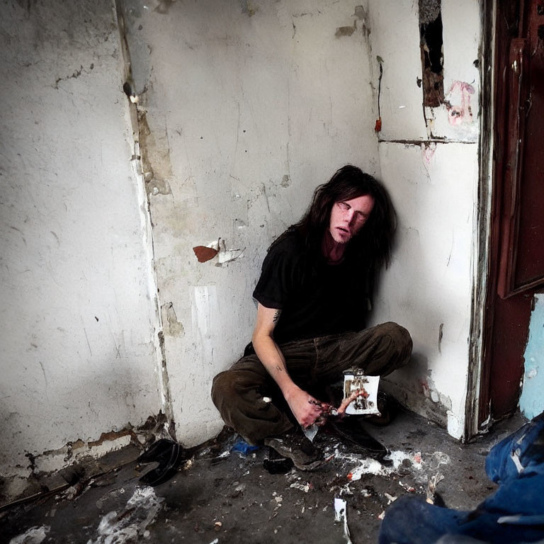 Long-haired person sitting against peeling wall with distressing photo object.