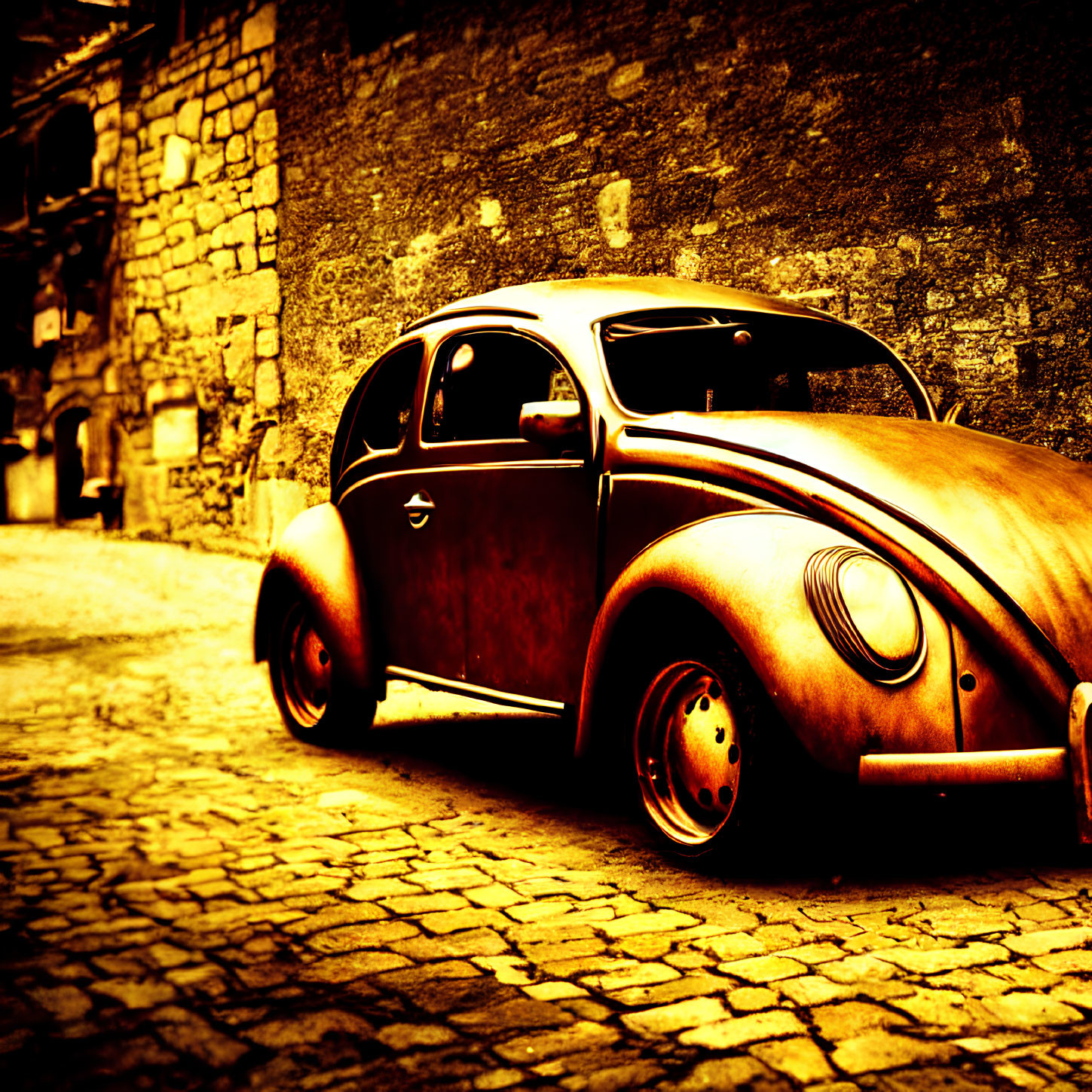 Classic Vintage Car on Cobblestone Street with Warm Sepia Lighting