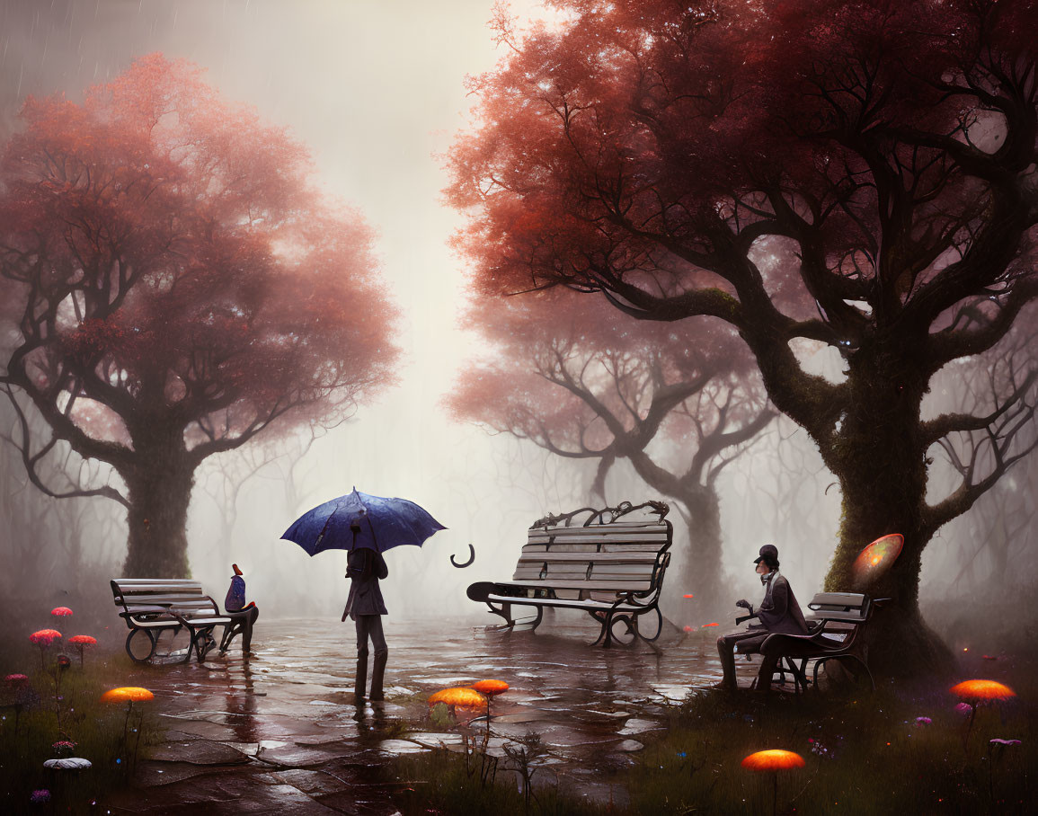 Tranquil park scene with glowing mushrooms and red-leafed trees