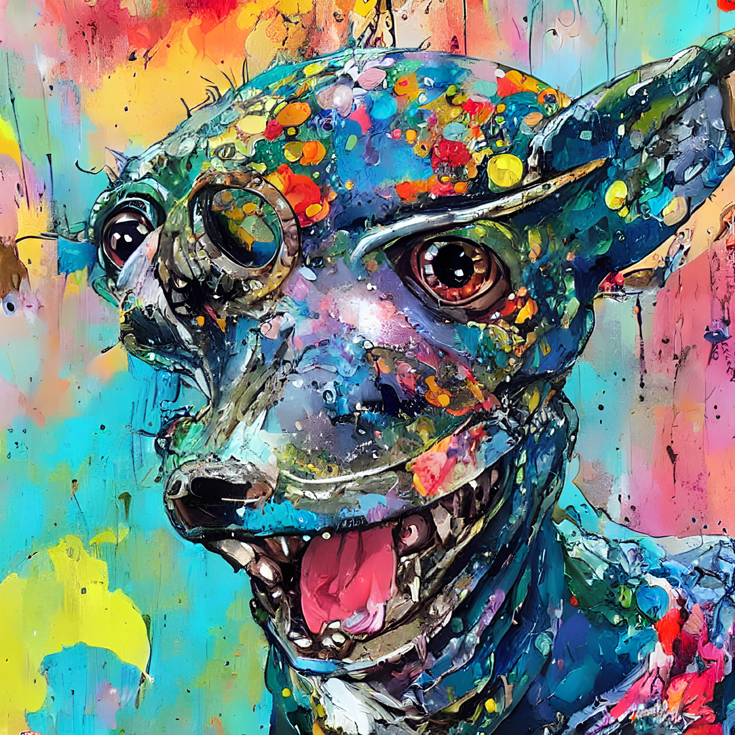 Colorful Abstract Dog Head Painting on Multicolored Background