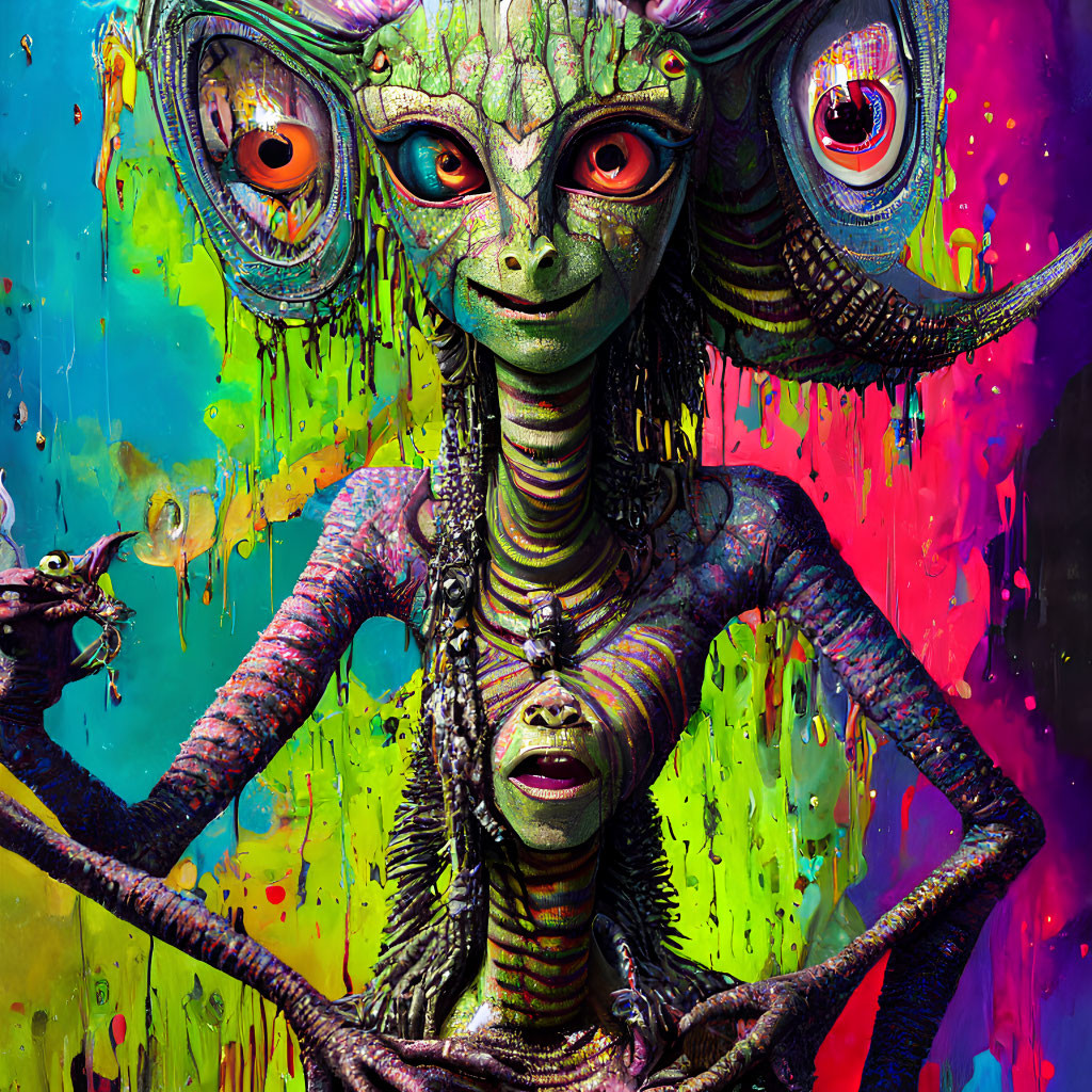 Vibrant surreal alien art with large eyes and reptilian features