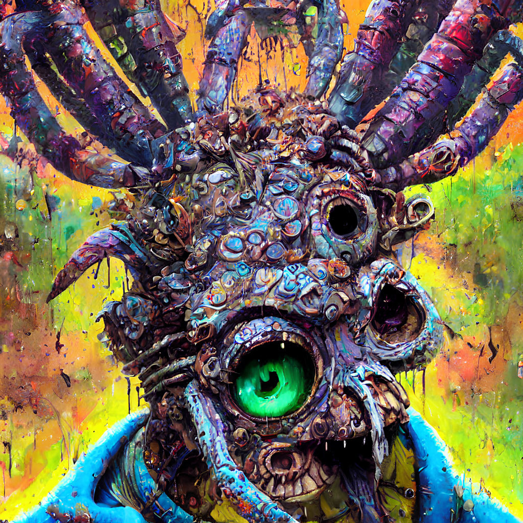 Colorful painting of fantastical creature with green eye and textured horns