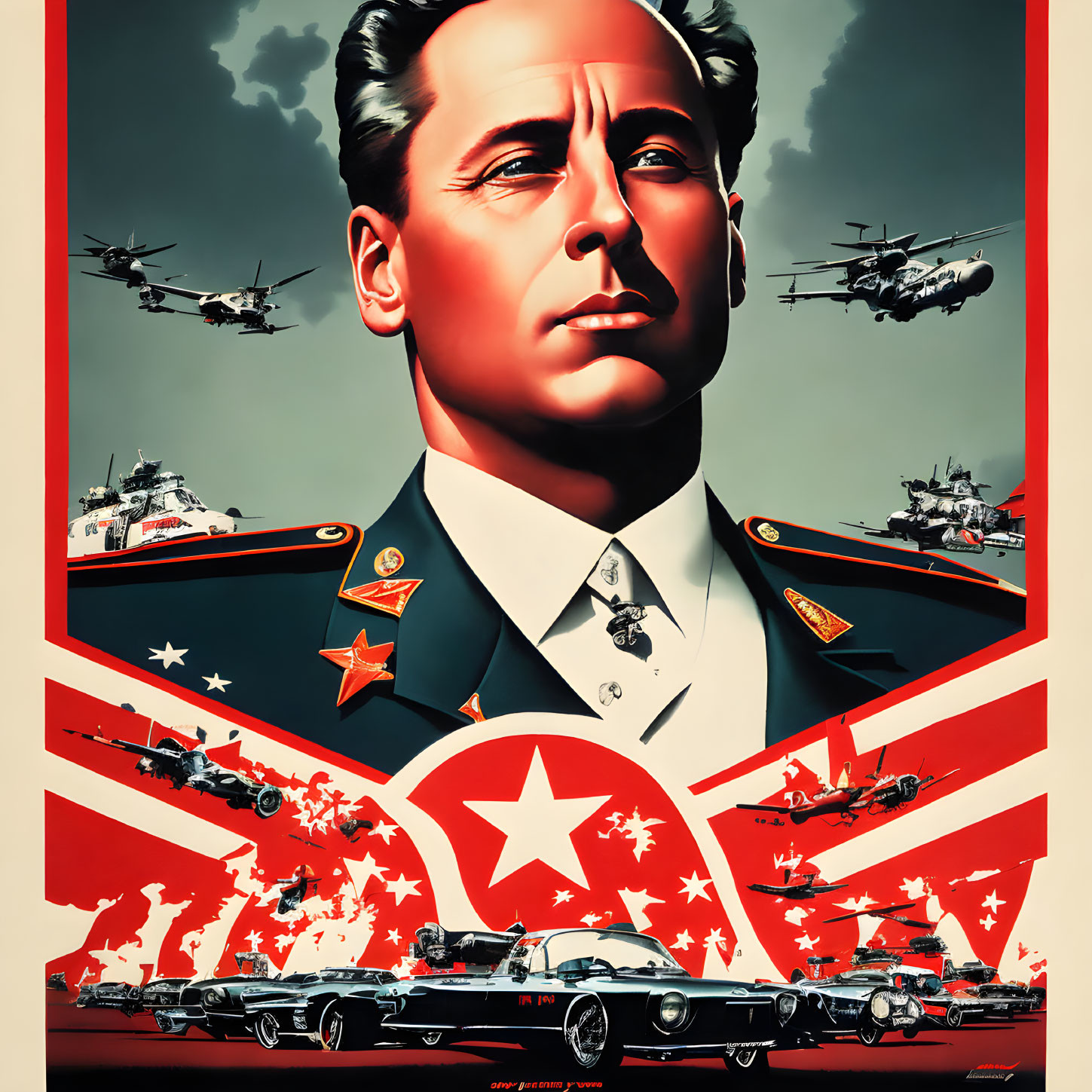 Military officer with aircraft, ships, and tanks in stylized propaganda poster