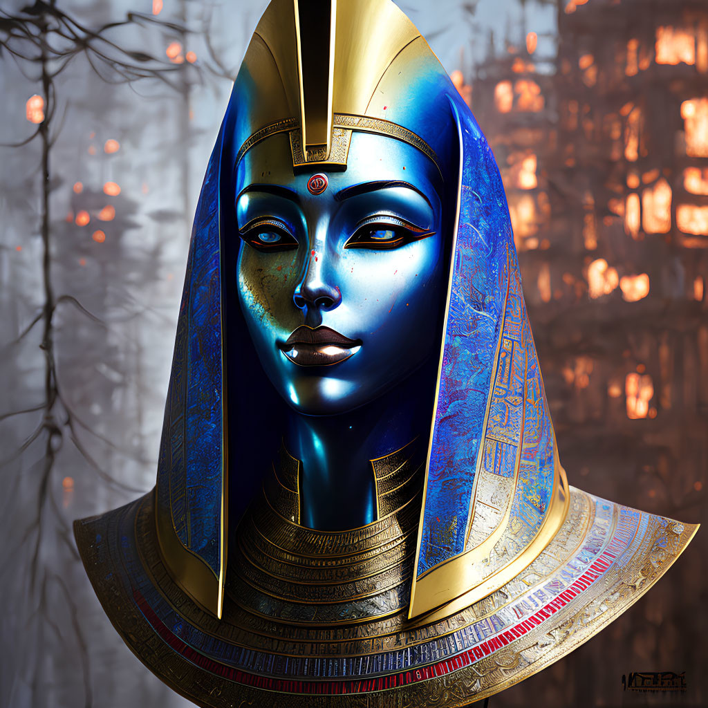 Stylized metallic female figure with Egyptian headdress in amber-lit digital art