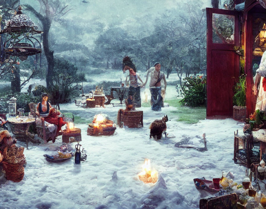 Winter garden scene with outdoor cooking, fireplace, snow, wildlife, and warm lighting.