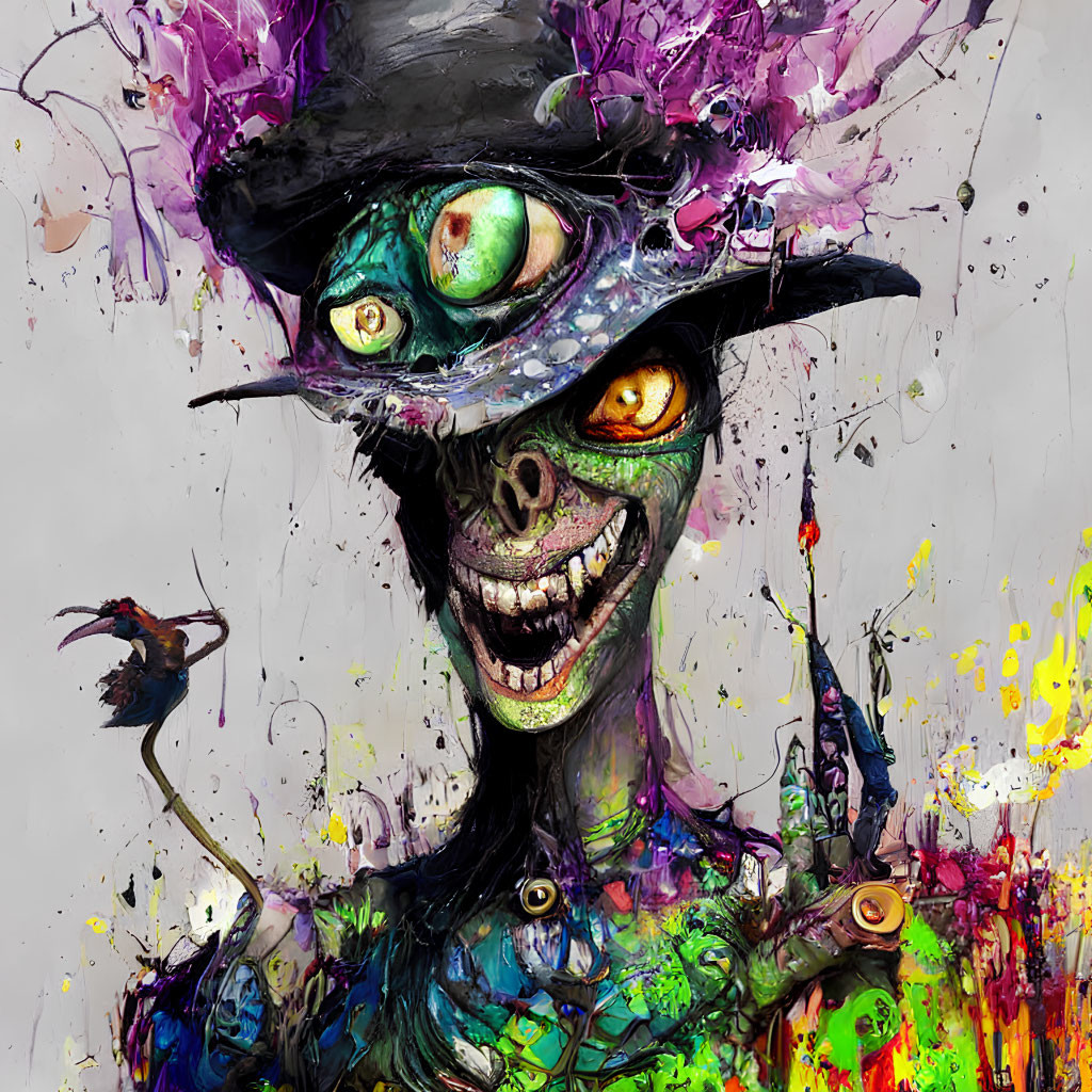 Sinister Grinning Figure with Multicolored Splashes and Green Eyes