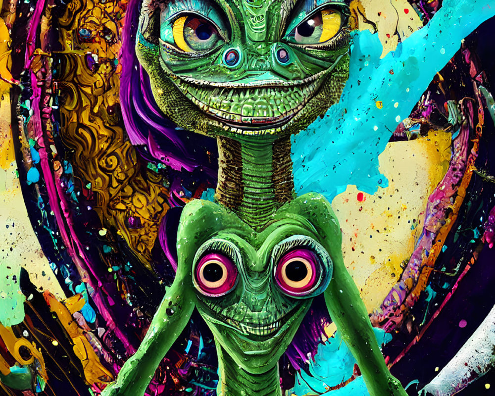 Colorful alien creatures in vibrant artwork with eclectic textures