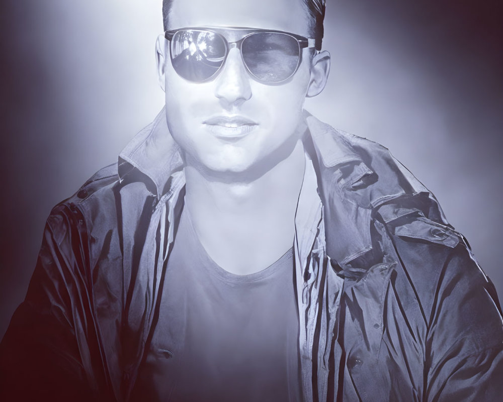 Monochrome image of a man in sunglasses with slicked-back hair and jacket under hazy light.