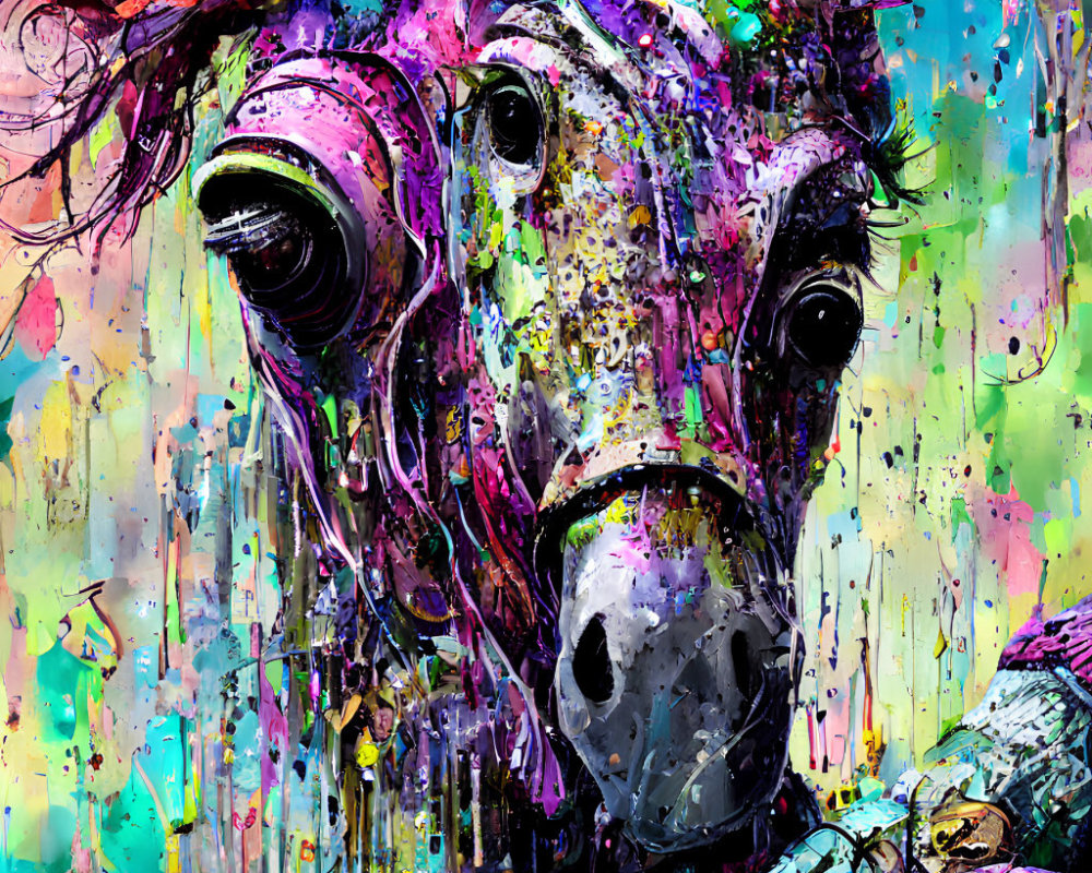 Vibrant abstract cow painting with colorful eyes and paint drips