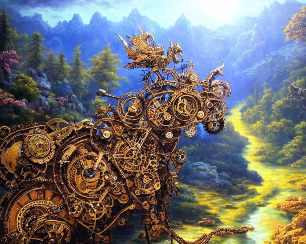 Steampunk dragon sculpture on lush forest background