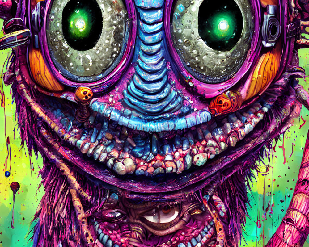 Colorful Psychedelic Creature with Green Eyes and Multicolored Snout