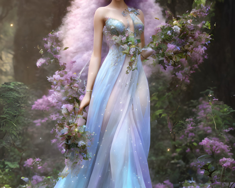 Woman in Blue and Purple Fantasy Gown in Mystical Forest