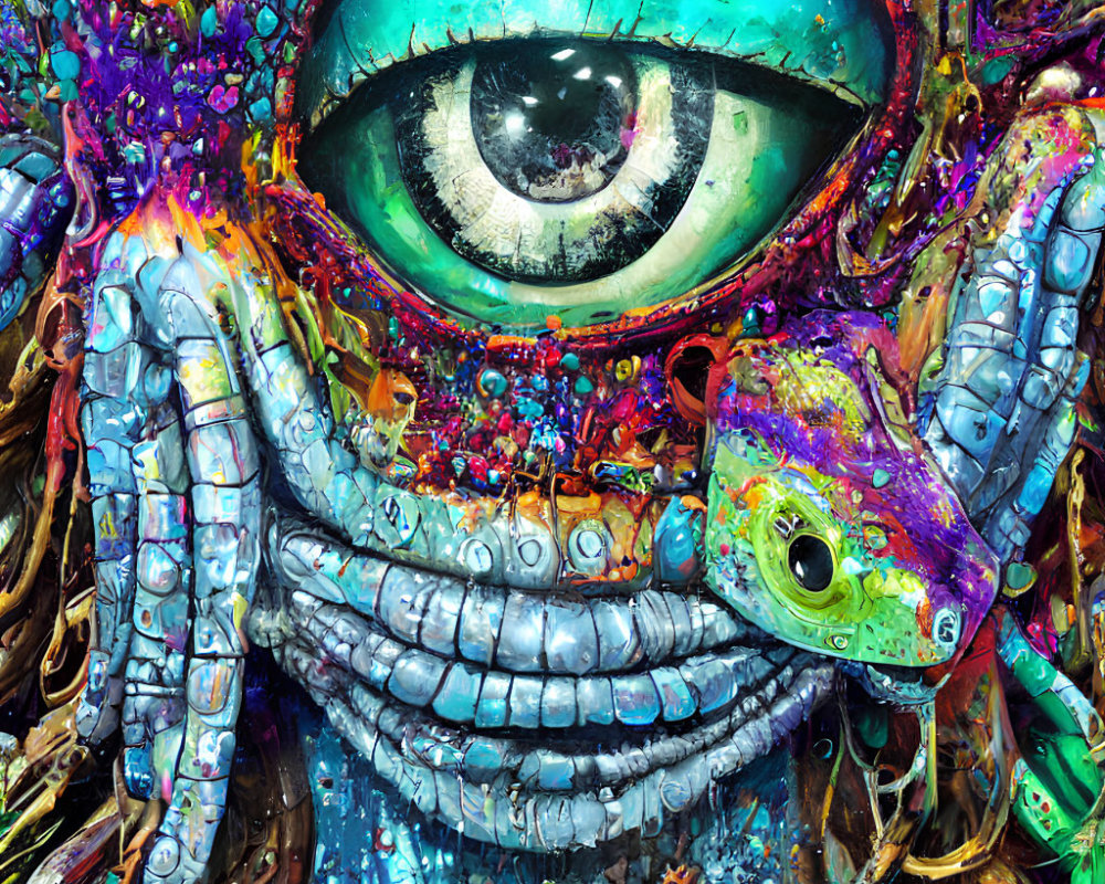 Colorful surreal creature with large eye in chaotic scene