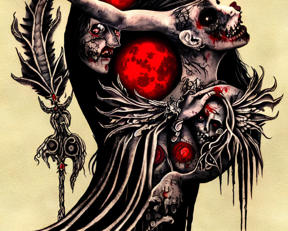 Dark fantasy artwork: skeletal creature with red eyes, ragged wings, and red orbs under blood-red