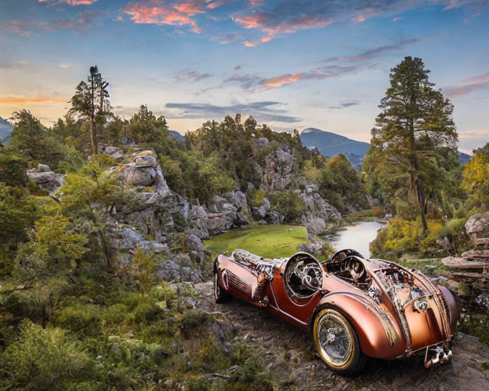 Vintage Car Parked on Rocky Terrain by River Bend at Sunset