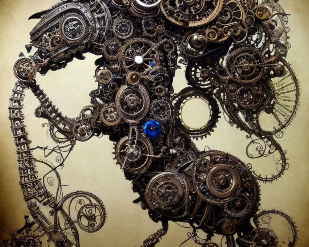 Steampunk mechanical horse with glowing blue eye on parchment background