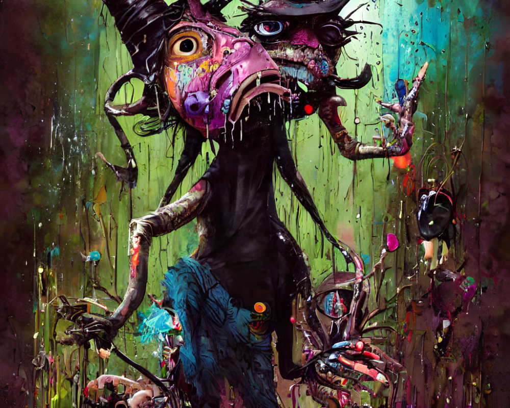 Vibrant surreal painting of fantastical creature with multiple faces and eyes