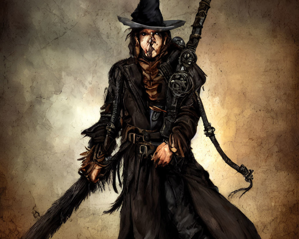 Menacing witch figure with staff on textured brown backdrop