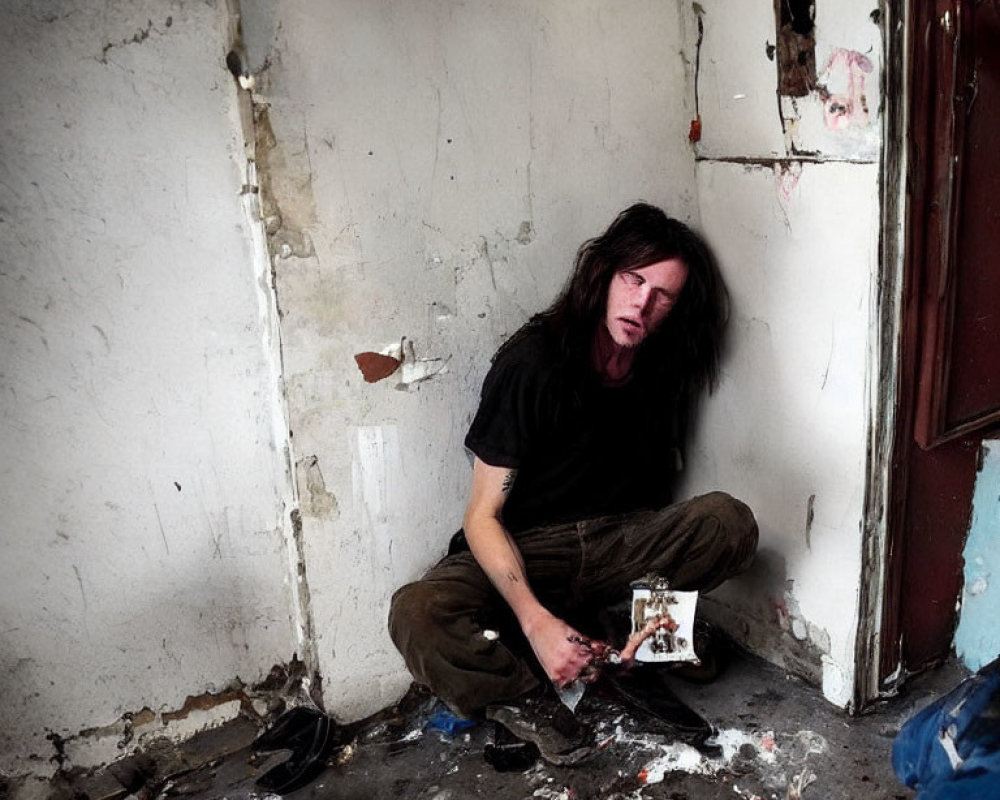 Long-haired person sitting against peeling wall with distressing photo object.