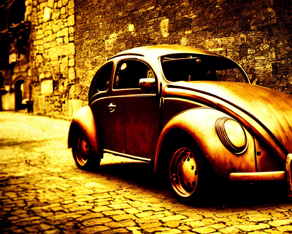 Classic Vintage Car on Cobblestone Street with Warm Sepia Lighting