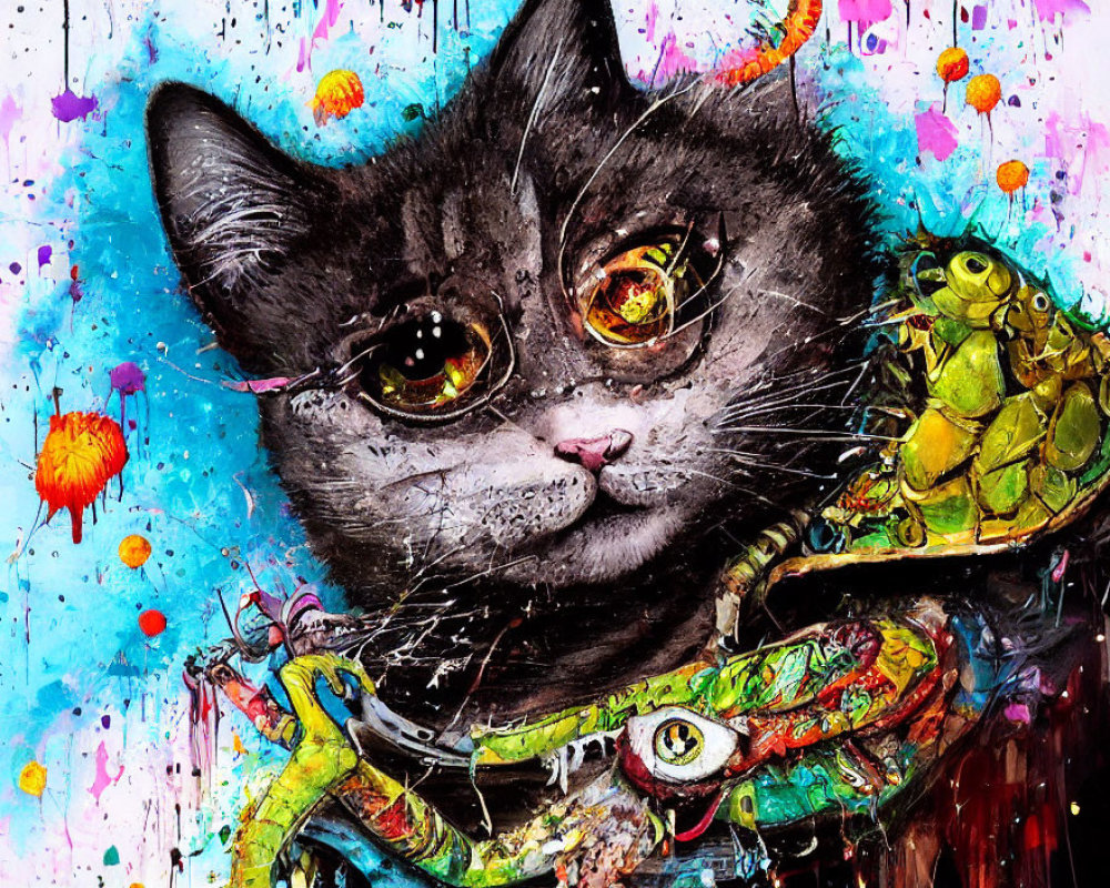 Colorful Artwork: Grey Cat with Yellow Eyes and Green Turtle on Shoulder