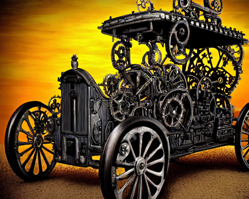 Steampunk-style vehicle with exposed gears against orange sky