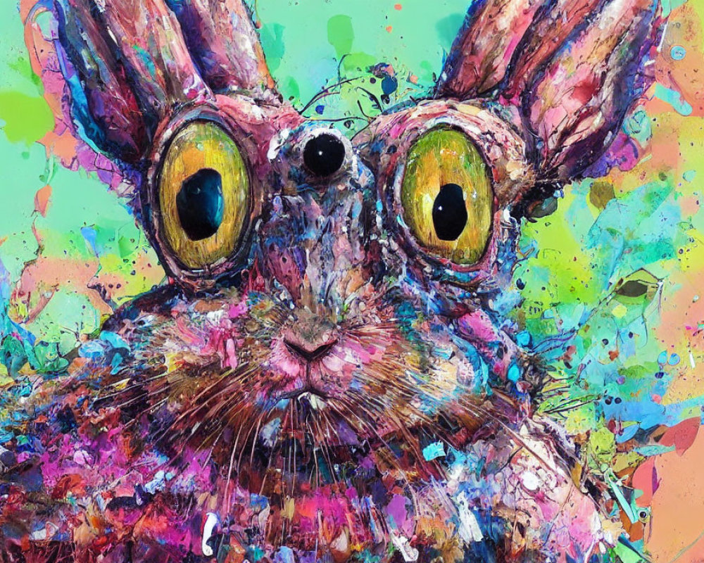 Colorful Abstract Painting: Rabbit with Yellow Eyes