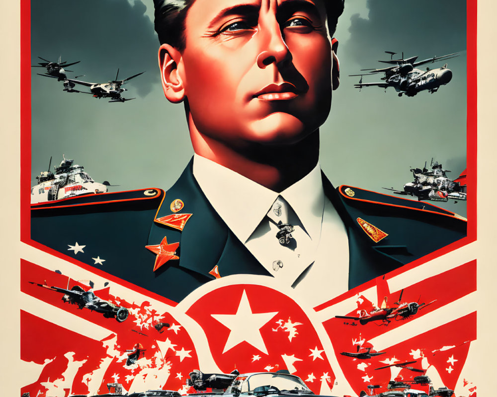 Military officer with aircraft, ships, and tanks in stylized propaganda poster