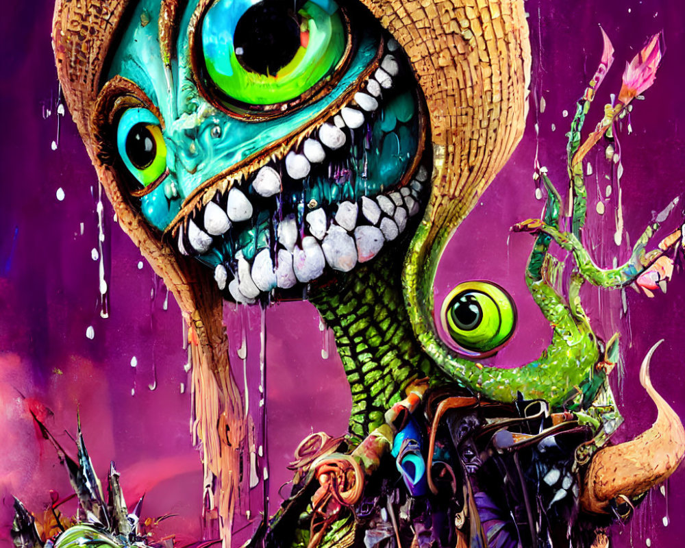 Colorful illustration of whimsical alien creature with large eye and straw hat