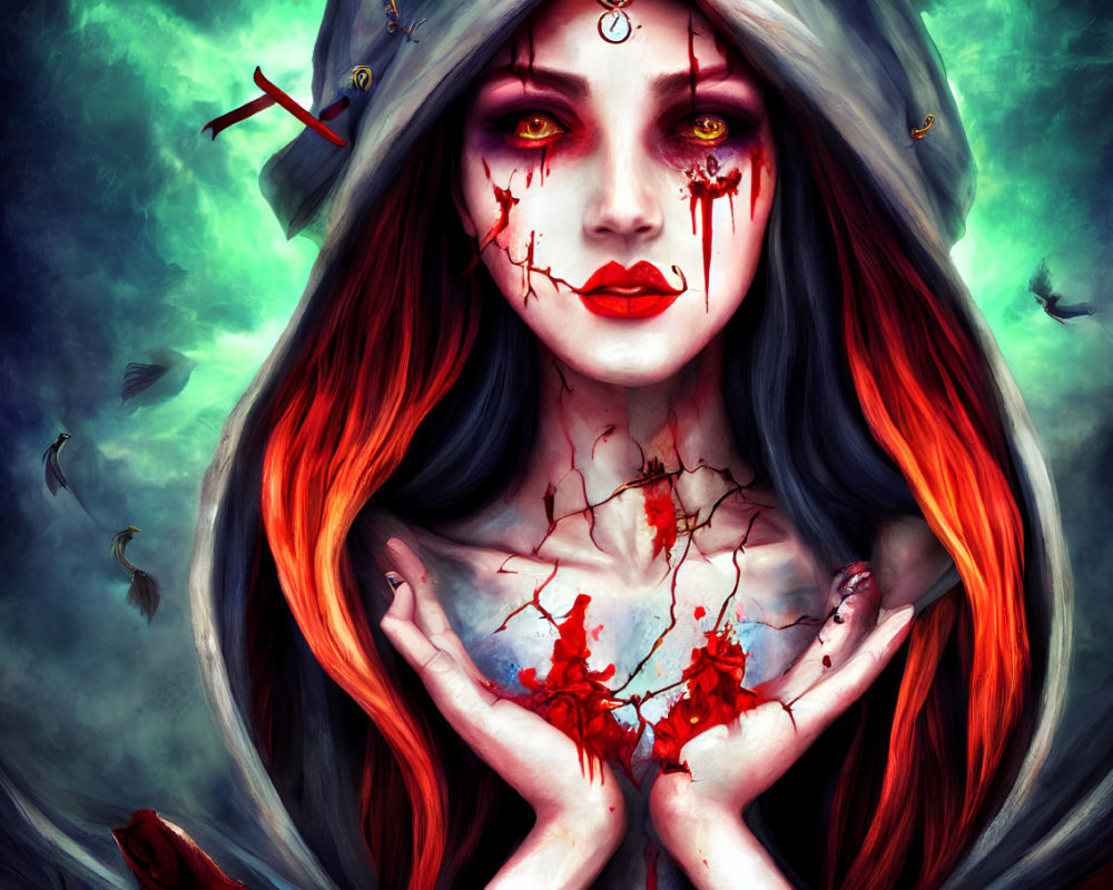 Digital artwork: Woman with mystical features, hood, red and black hair, blood-like accents, dark