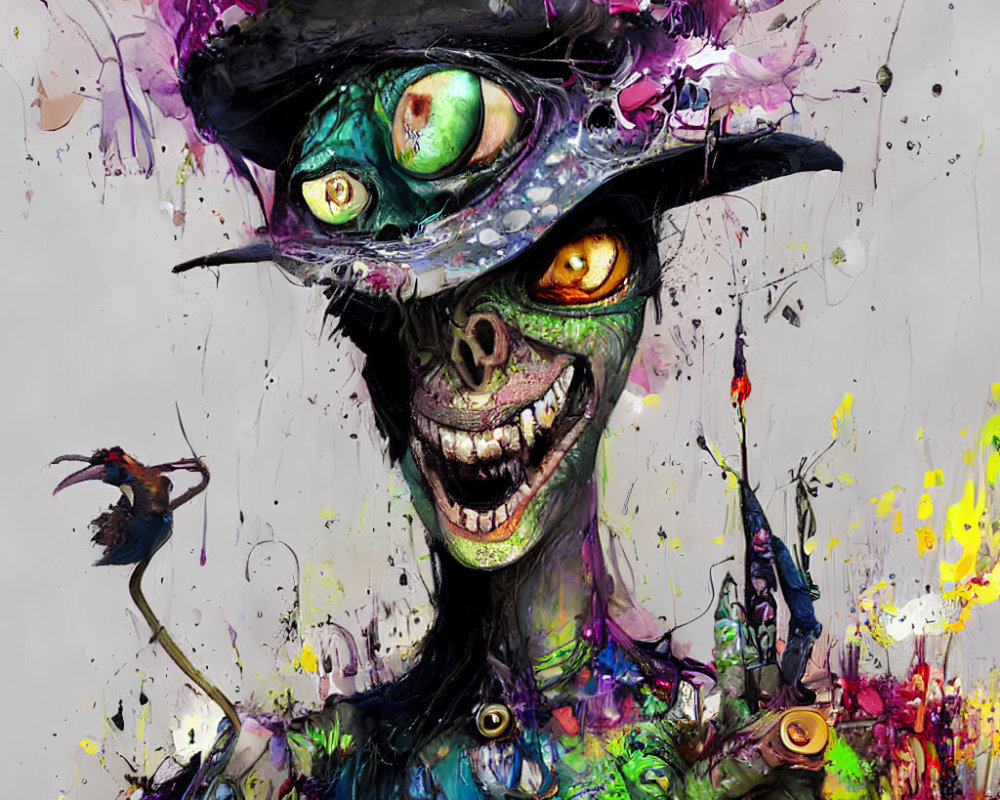 Sinister Grinning Figure with Multicolored Splashes and Green Eyes