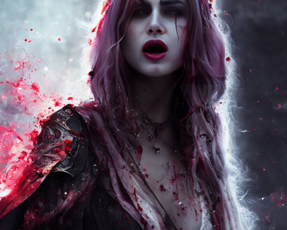 Purple-haired woman in bloodstained dress with intense gaze amidst red splatters, exuding gothic