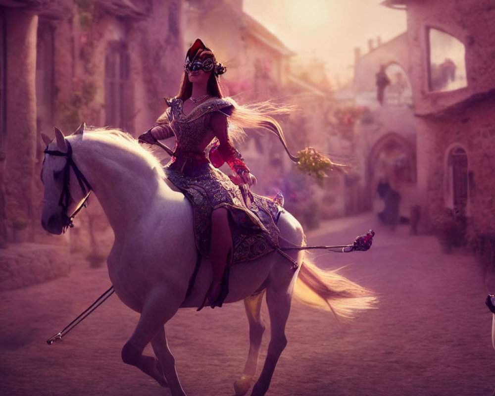 Medieval woman on white horse in sunlit village street