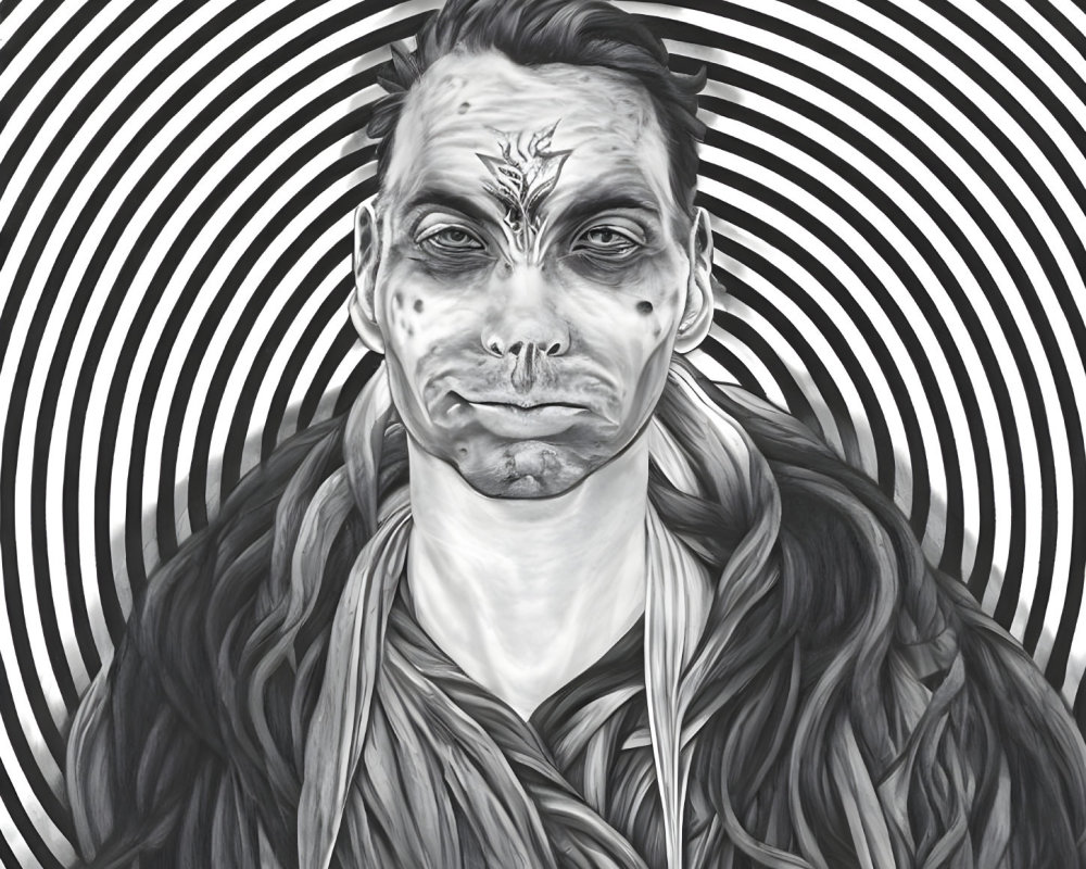 Monochrome portrait with facial markings and intricate patterns on swirling background