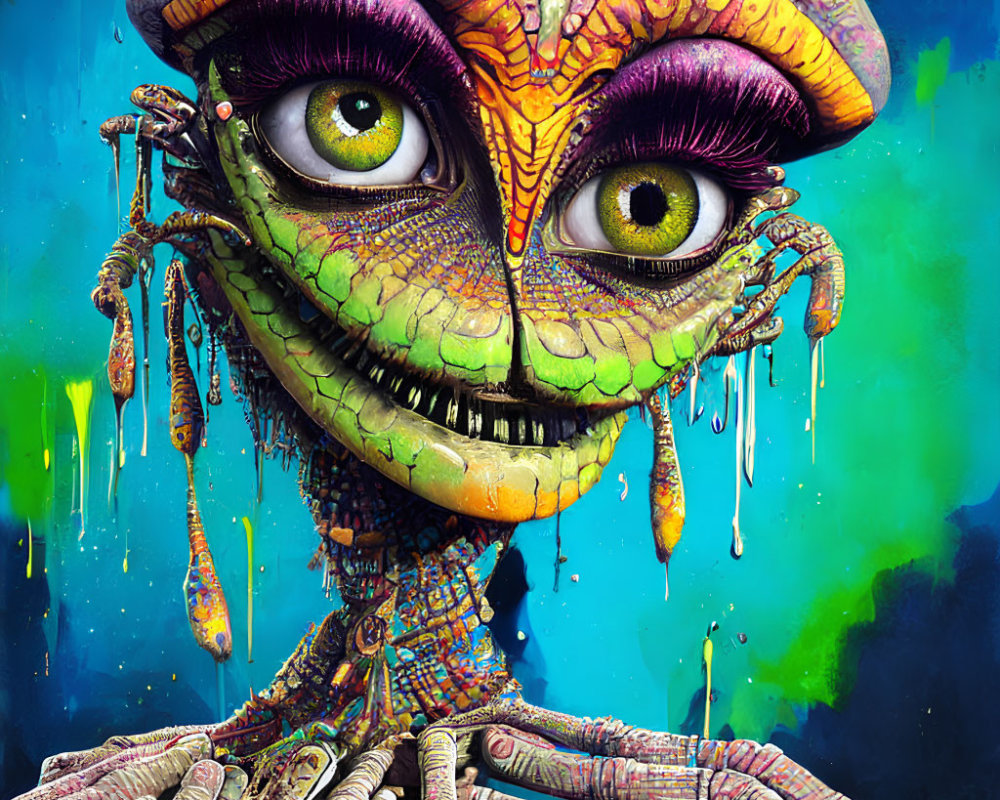 Vivid-eyed alien creature on neon-blue and green background