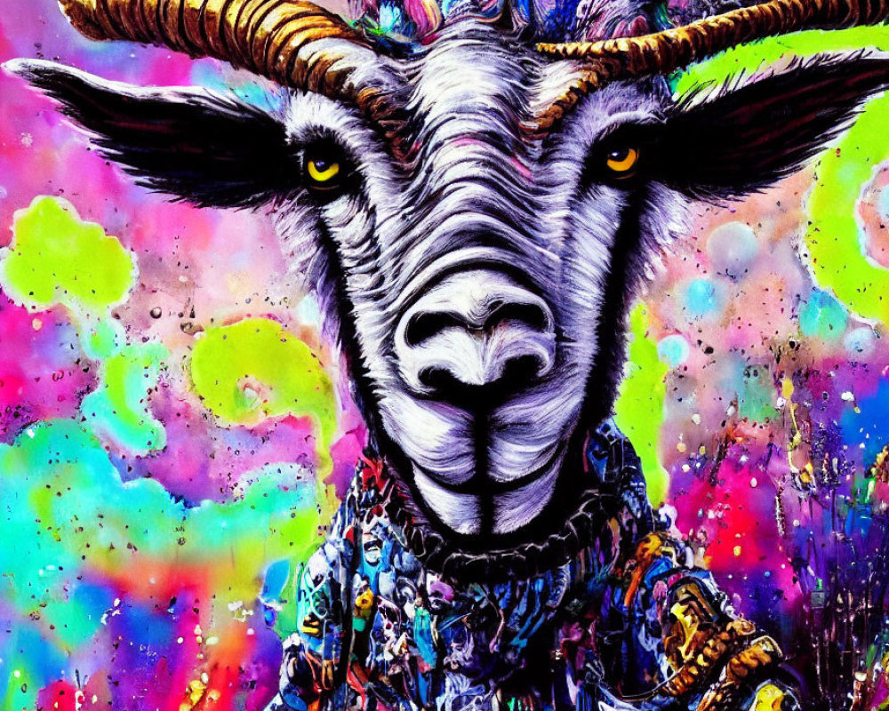 Colorful Goat Artwork with Splattered Background and Ornate Details