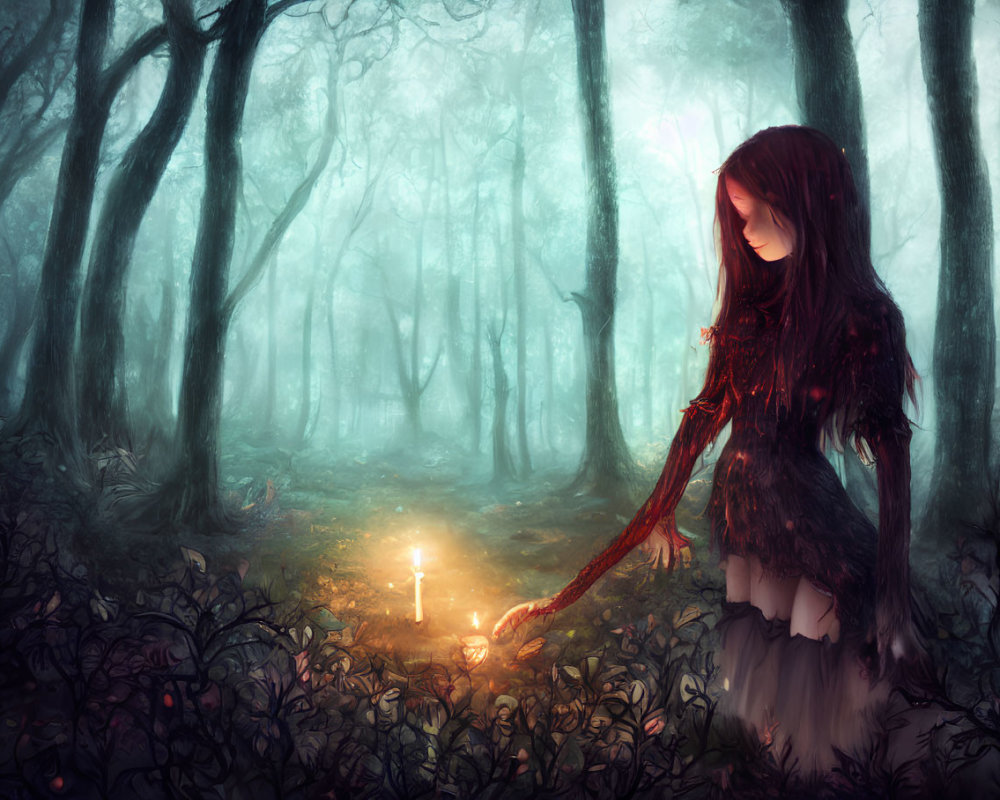 Girl in dark forest reaching for glowing candle amidst hazy light