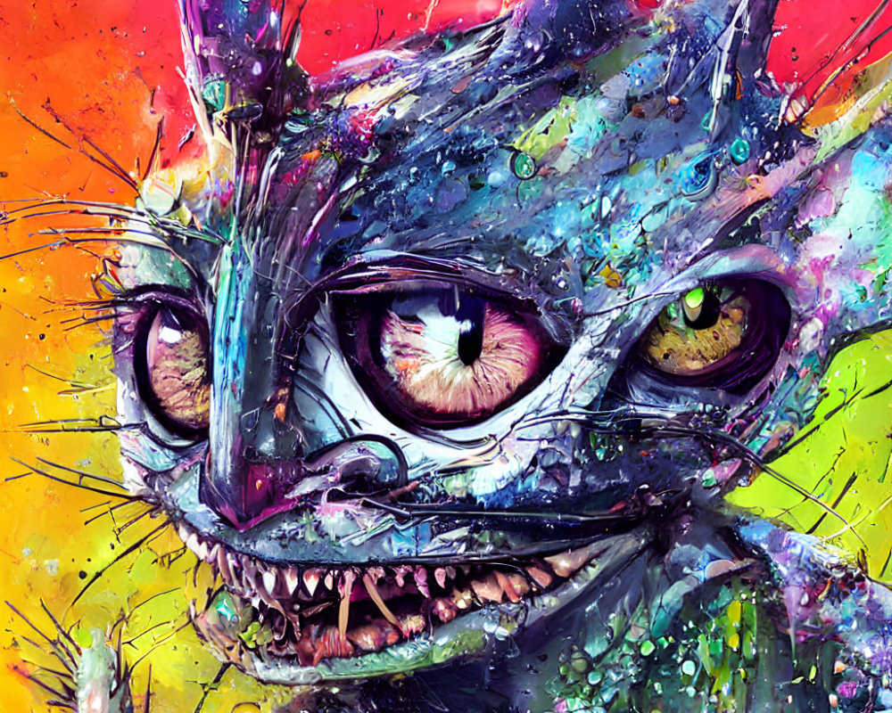 Colorful Whimsical Creature with Grinning Face and Mismatched Eyes on Bright Background