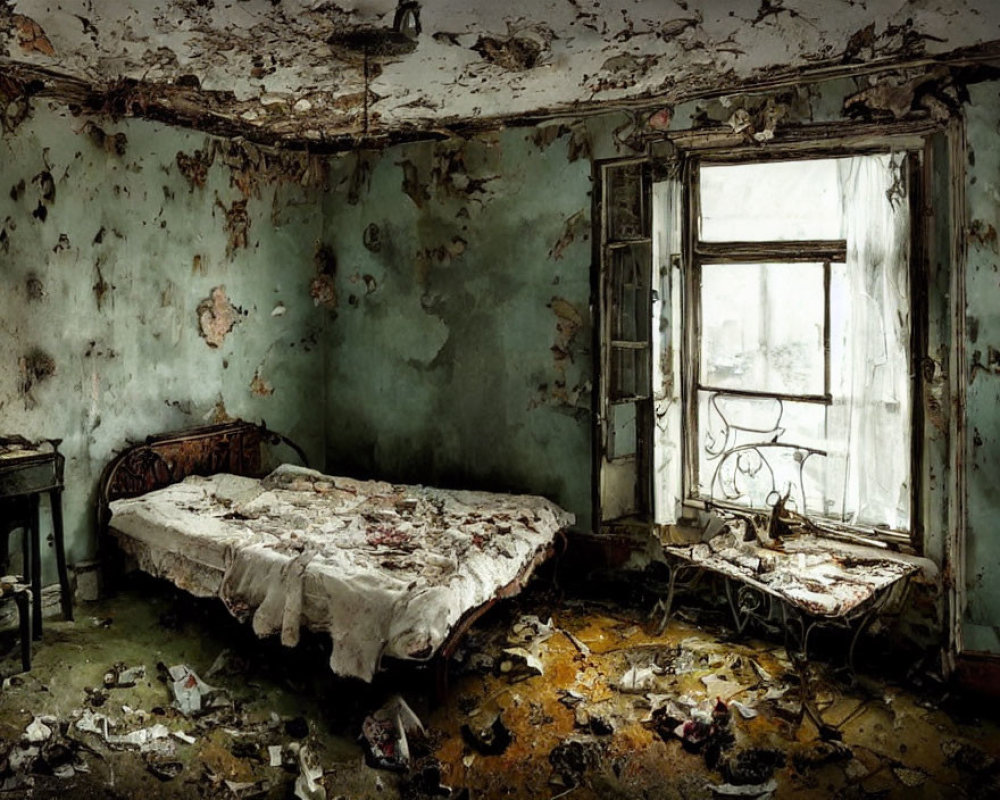 Decaying room with peeling turquoise walls and messy bed frame