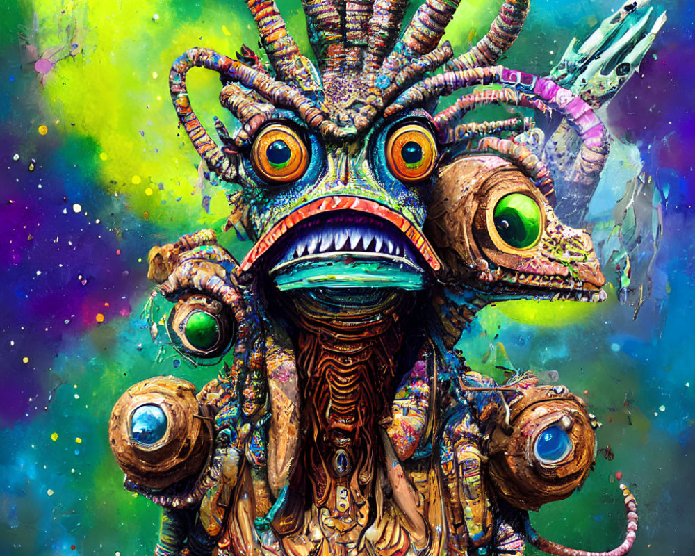 Multicolored fantastical creature with multiple eyes and intricate textures against cosmic backdrop