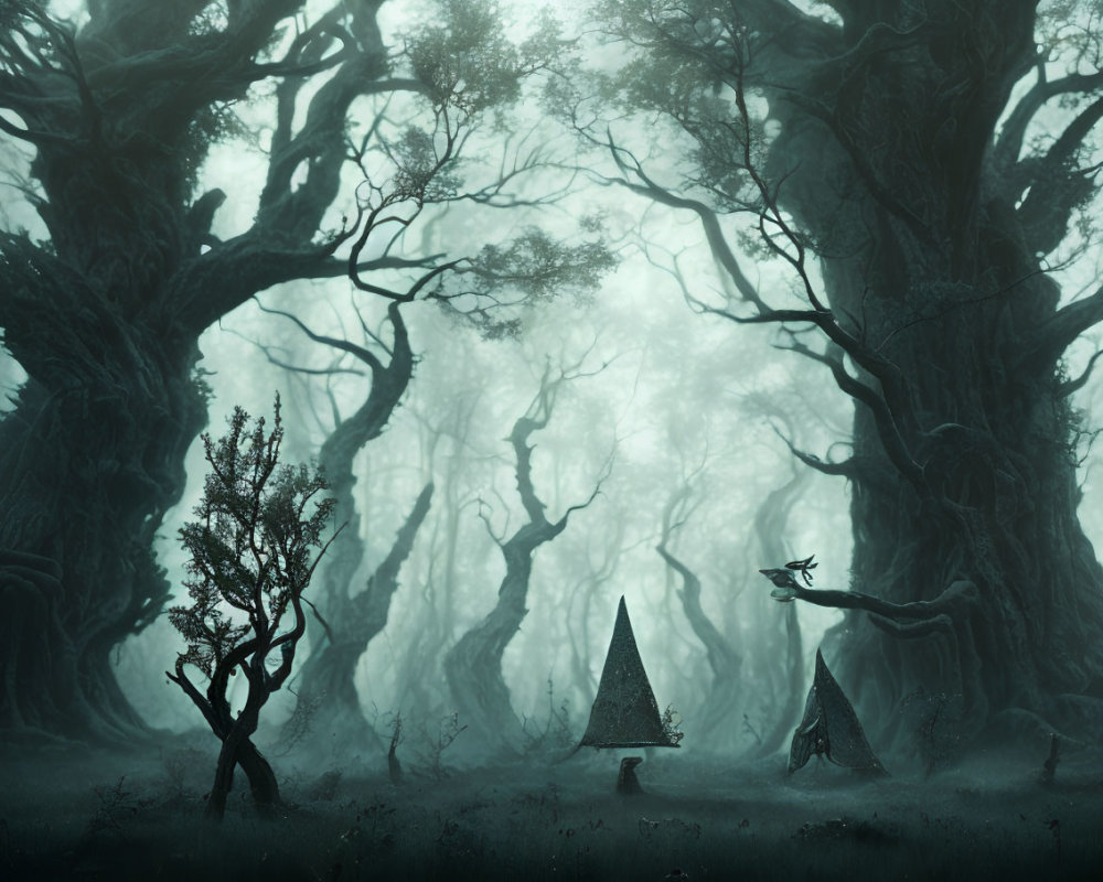 Misty forest with ancient trees and mysterious cloaked figures